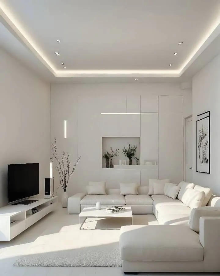 دهان جدران وأسقف باللون الأبيض مع تصميم إضاءة متكامل. (لغرفة معيشة بيضاء حديثة)