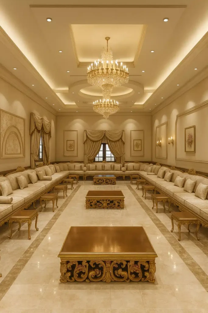 مجلس عربي فاخر بتصميم كلاسيكي، سقف جبس بورد مزخرف مع ثريات كريستال فخمة